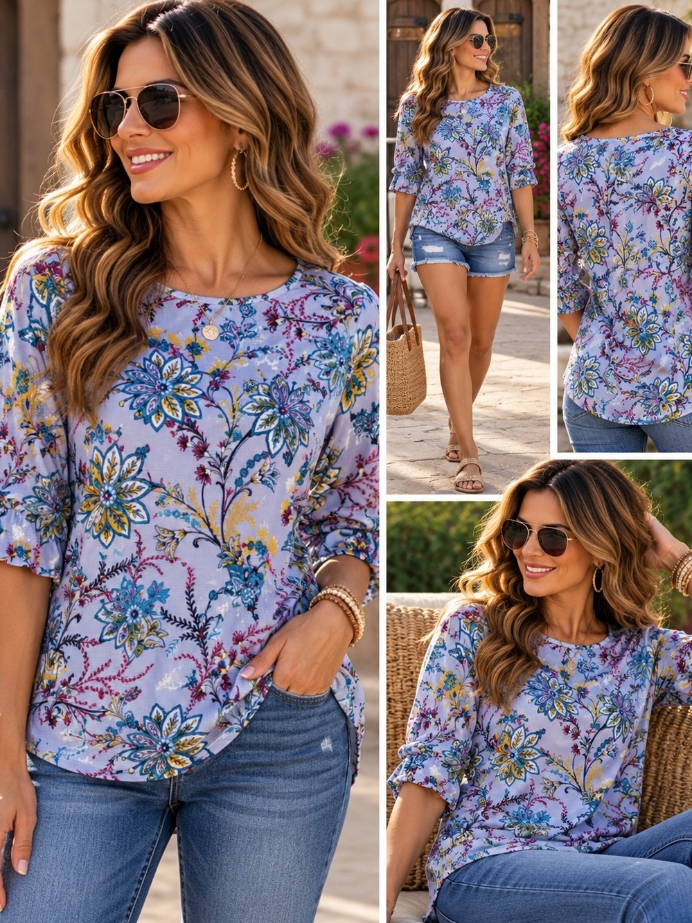 Kim Rogers Women’s Blue Floral 3/4 Sleeve Blouse (38)